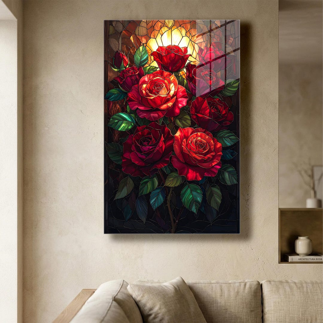 Tempered Glass Wall Art, Red Rose Stained Glass Floral Decor - Etsy