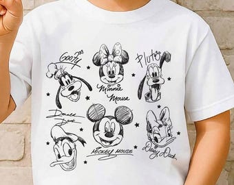 Sketch Mickey and Friends Shirt, Hand Drawn Disney Squad Tee, Whimsical Mickey Minnie Doodle Top, Disney Vacation Gift