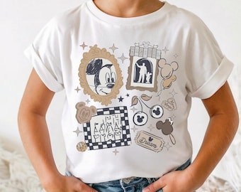 Disney Sketch Collage Shirt, Mickey Mouse Neutral Tee, Trendy Partners Statue Castle Doodle Top, Magic Kingdom Trip Gift
