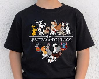 Life Is Better With Dogs Tee, Disney Dogs Heart Collage Graphic Shirt, Pluto Lady Tramp Character Tee, Animal Lover Graphic Shirt