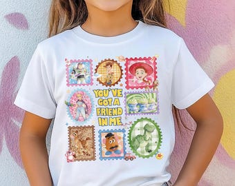 Toy Story You've Got A Friend In Me Tee, Vintage Stamp Character Collage Graphic Shirt, Disney Pixar Friends Tee, Magical Trip Graphic Tee