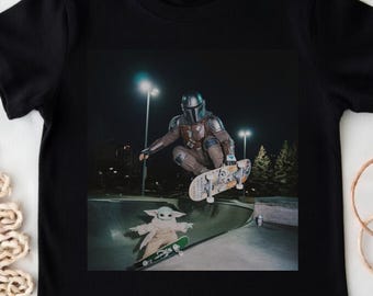 Mandalorian and Grogu Skateboard Shirt, Star Wars Skate Squad Tee, Funny Mando Baby Yoda Skater Gift, Retro Galaxy Skateboarding Outfit