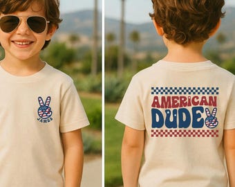 Custom 4th of July American Dude Front and Back Shirt, Personalized James USA Peace Sign Tee, Whimsical Patriotic Boy Holiday Vacation Top