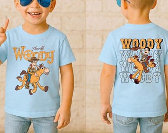Pixar Toy Story Front and Back Kids Shirt, Sheriff Woody Bullseye Tee, Whimsical Toy Story Land Vacation Top Gift