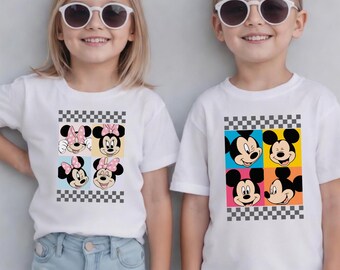 Personalized Retro Mouse Friends Kids Shirt, Checkerboard Cartoon Character Tee, Matching Sibling Vacation Outfit, Custom Park Trip Gift Top