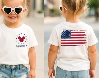 Personalized Patriotic Mickey Mouse Tee, Custom Name American Flag Back Graphic Shirt, Disney Stars Somebody Tee