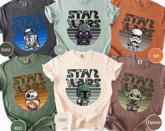 Star Wars Retro Character Tee, Choose Your Favorite Darth Vader Grogu Stormtrooper Graphic Shirt, Galactic Kids Vacation Tee