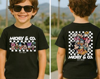 Disney Mickey and Friends Front and Back Shirt, Checkerboard Mickey & Co Est 1928 Tee, Whimsical Classic Squad Theme Park Vacation Top Gift