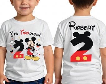 Custom Mickey Oh Twodles Front and Back 2nd Birthday Shirt, Personalized Boy Name Age 2 Tee, Whimsical Mickey Mouse Toddler Party Gift