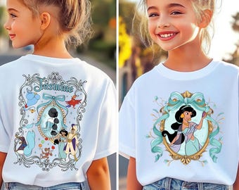 Princess Jasmine Front and Back Kids Shirt, Vintage Aladdin Genie Coquette Bow Tee, Whimsical Mirror Frame Girl Disney Vacation Gift