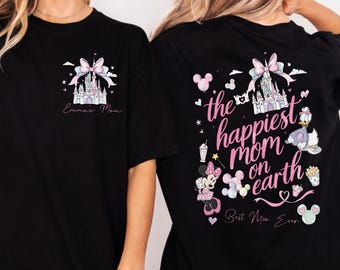 The Happiest Mom on Earth Shirt, Custom Name Disney Mom Tee, Personalized Disney Castle Mother's Day Gift, Coquette Minnie Front and Back