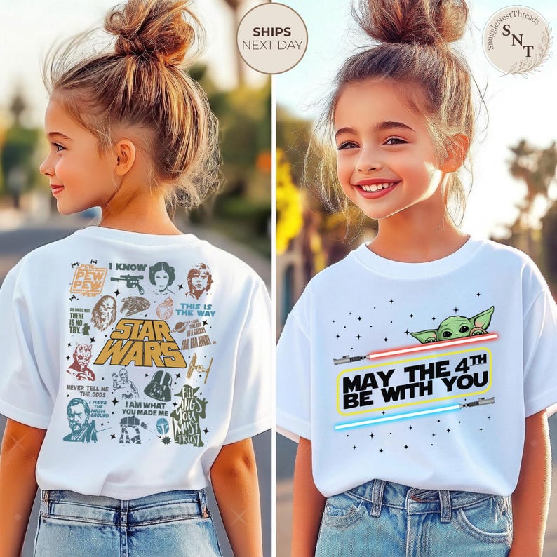 May include: White Star Wars t-shirts for kids. One shirt features Star Wars characters and phrases. The other shirt has Baby Yoda with lightsabers and the text "May the 4th Be With You."