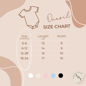 May include: A size chart for baby onesies, featuring measurements in inches. The chart includes sizes for babies aged 0-6, 6-12, 12-28, and 18-24 months, with corresponding length and width measurements.