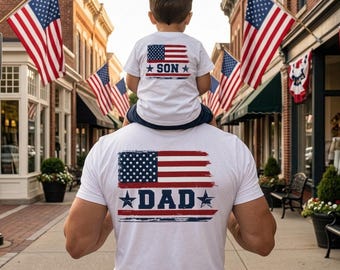 Patriotic Dad Son Matching Tees, American Flag Father Boy Graphic Shirt Set, USA Pride Family Tee, Independence Day Graphic Shirt