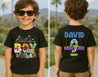 Custom Toy Story Birthday Front and Back Shirt, Personalized David 2nd Birthday Tee, Whimsical Woody Buzz Lightyear Kids Birthday Boy Top
