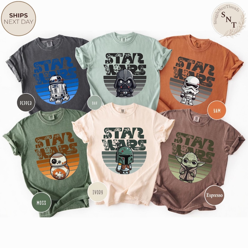 May include: Six t-shirts in various colors, each featuring a Star Wars graphic. The designs include R2-D2, Darth Vader, a Stormtrooper, BB-8, Boba Fett, and Yoda. The shirts have the text "STAR WARS" above the character illustrations.