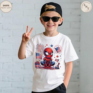 Patriotic Spider-Man Shirt, Cute Superhero 4th Of July Graphic Tee, American Flag Fireworks Independence Shirt, USA Celebration Shirt image 7