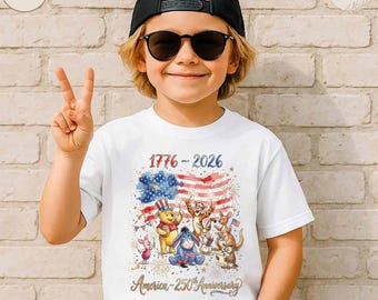 Winnie the Pooh 1776-2026 Patriotic Tee, America Est 1776 Pooh Friends Shirt, Disney 250th Anniversary USA Flag Tee
