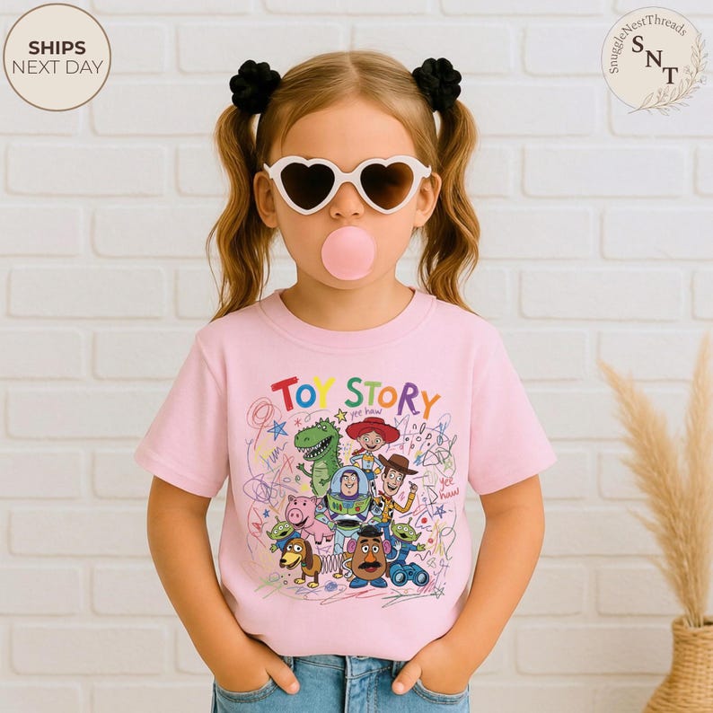 May include: A light pink t-shirt featuring the words "TOY STORY" above a colorful graphic of characters from the animated movie. The shirt is worn by a child wearing heart-shaped sunglasses and has black hair ties.
