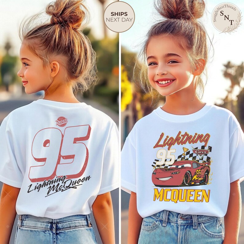 May include: White t-shirt featuring Lightning McQueen from the Cars movie. The front graphic shows McQueen with the number 95, a checkered flag, and the text "Lightning McQueen". The back of the shirt displays the number 95 and "Lightning McQueen".