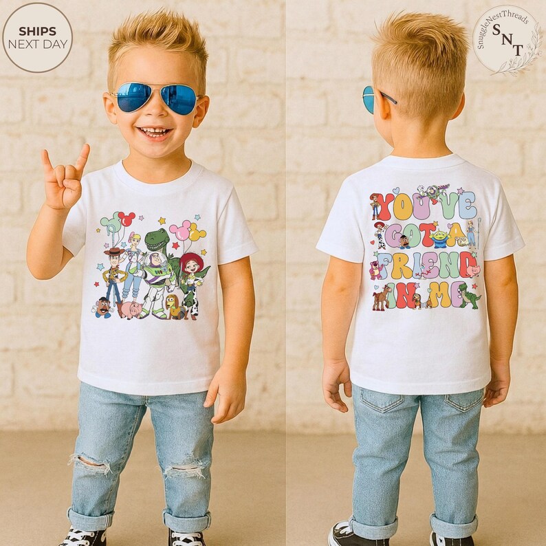 Toy Story You've Got A Friend In Me Tee, Woody Buzz Jessie Character Collage Graphic Shirt, Disney Pixar Friends Tee, Magical Vacation Shirt bild 3