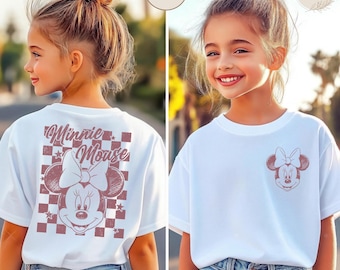 Retro Checkered Disney Character Shirt, Personalized Mickey and Friends Tee, Vintage Disney Family Vacation Shirt, Custom Front and Back Tee