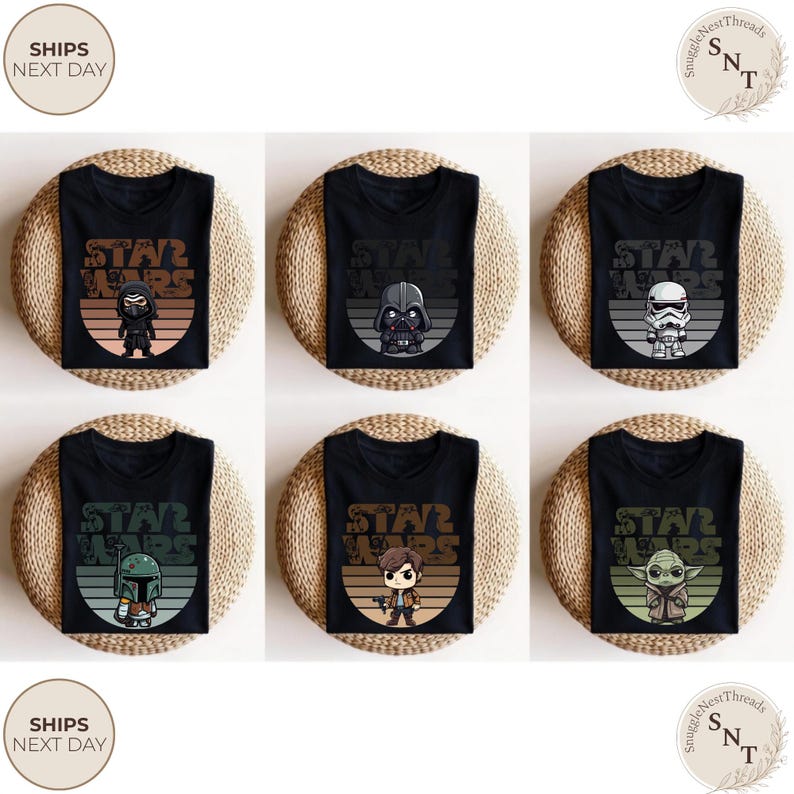 May include: Six black t-shirts featuring Star Wars characters like Darth Vader, Yoda, and Boba Fett. Each shirt has a character graphic with the words "STAR WARS" in a retro font. The shirts are displayed on woven mats.