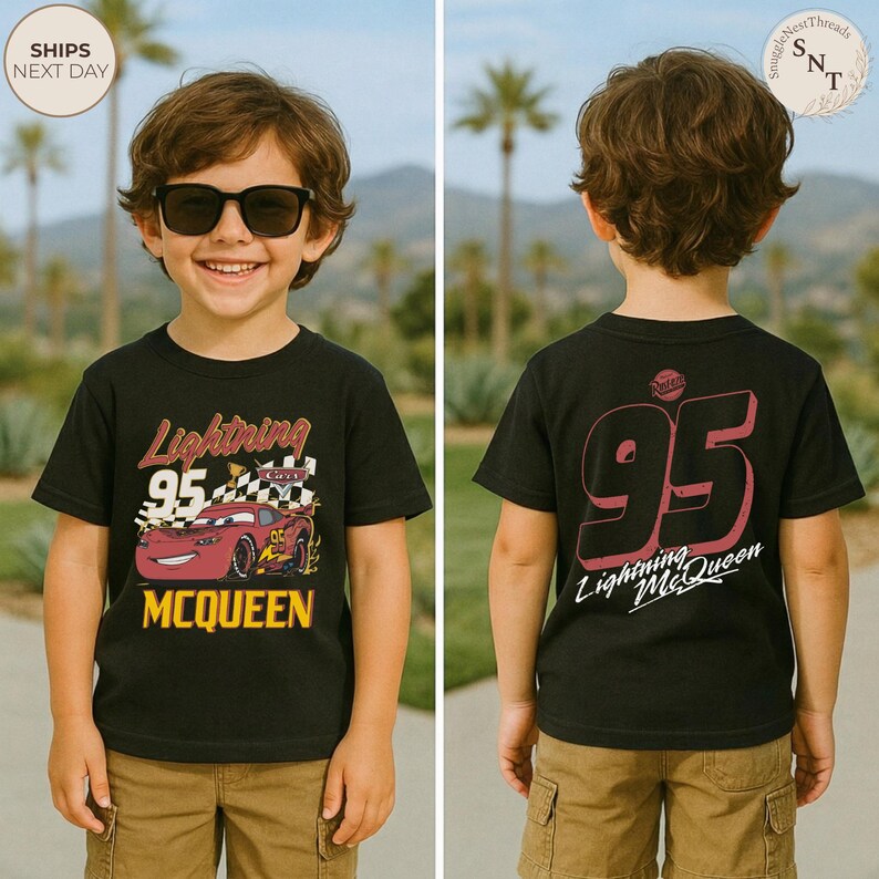 May include: Black t-shirt featuring Lightning McQueen from the Cars movie. The front graphic shows the car with the text "Lightning 95 McQueen". The back of the shirt displays a large "95" and "Lightning McQueen" in a stylized font.