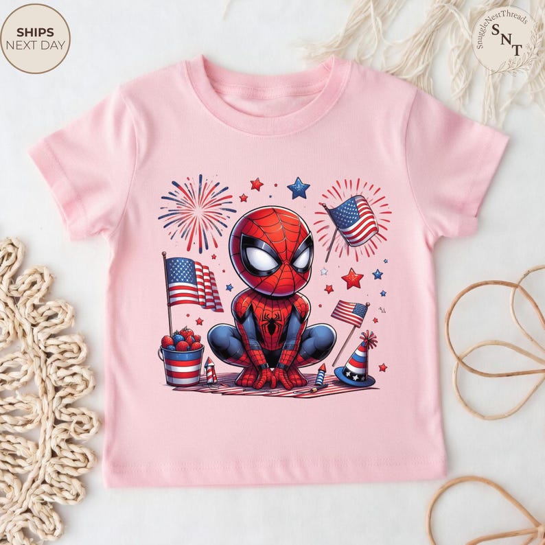 Patriotic Spider-Man Shirt, Cute Superhero 4th Of July Graphic Tee, American Flag Fireworks Independence Shirt, USA Celebration Shirt image 12