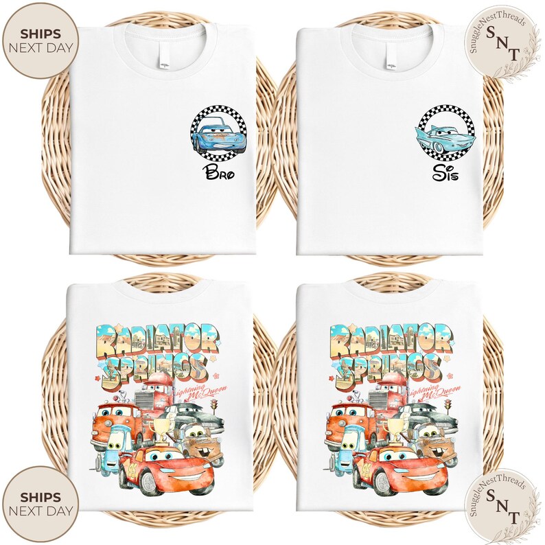 May include: White t-shirts with car-themed graphics. Two shirts feature a blue car in a checkered circle with "Bro" and "Sis" text. The other two shirts display a colorful "Radiator Springs" design with various car characters.