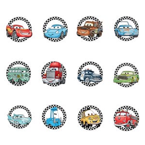 May include: A collection of twelve circular stickers featuring cartoon cars. The cars are in various colors, including red, blue, green, and yellow, and are set against a black and white checkered background.
