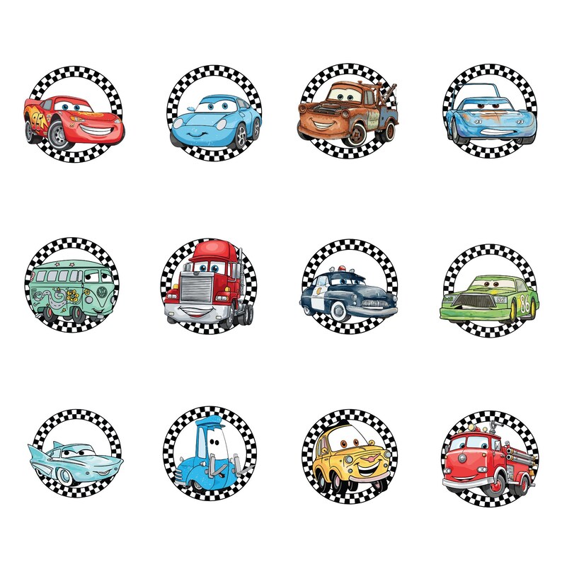 May include: A collection of twelve circular stickers featuring cartoon cars. The cars are in various colors, including red, blue, green, and yellow, and are set against a black and white checkered background.