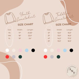 May include: A size chart for youth and toddler sweatshirts, with measurements in inches. The chart includes sizes, widths, and lengths for each size, along with a color palette at the bottom. The brand logo is in the bottom right corner.