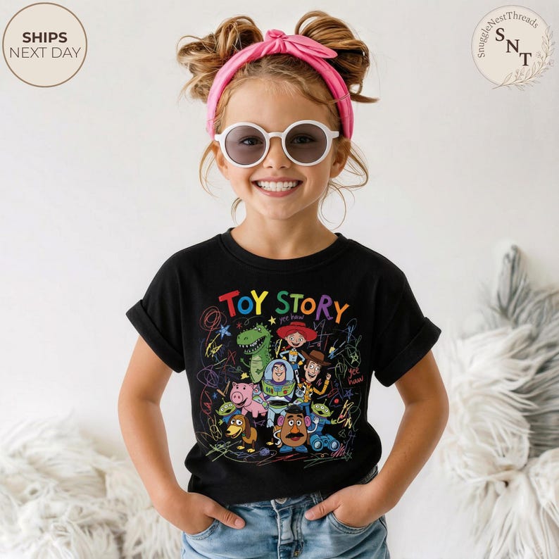 May include: Black t-shirt featuring the words "TOY STORY" in colorful letters, with a vibrant graphic of characters from the movie. The shirt is worn by a child with a pink headband and sunglasses.