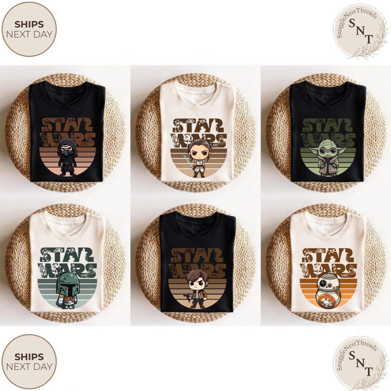 May include: Six t-shirts with Star Wars character graphics. The shirts are black and cream-colored, each featuring a different character design with the words "STAR WARS" in a retro font. The shirts are displayed on woven mats.
