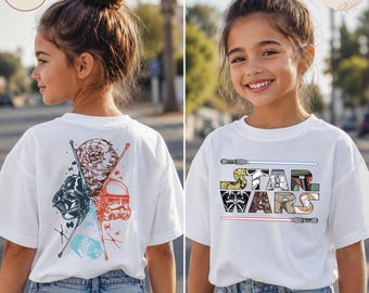 May include: A white short-sleeve t-shirt featuring Star Wars graphics. The front displays the text STAR WARS filled with character imagery between two lightsabers. The back shows a circular composition of Darth Vader, a stormtrooper, and the Death Star.