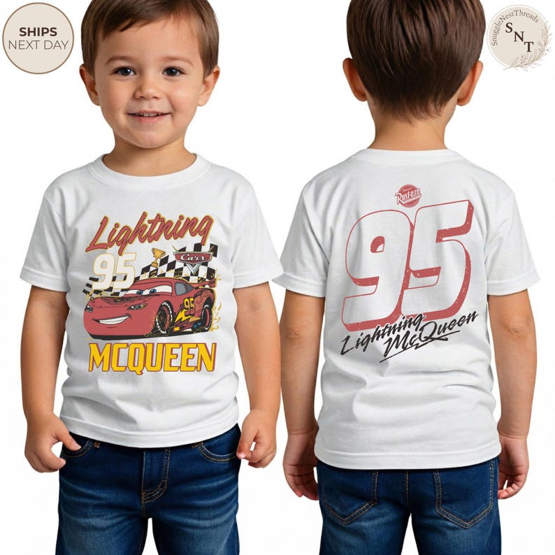May include: White t-shirt featuring Lightning McQueen from the Cars movie. The front displays the character with the text "Lightning 95 McQueen." The back of the shirt shows the number "95" and "Lightning McQueen" in red.