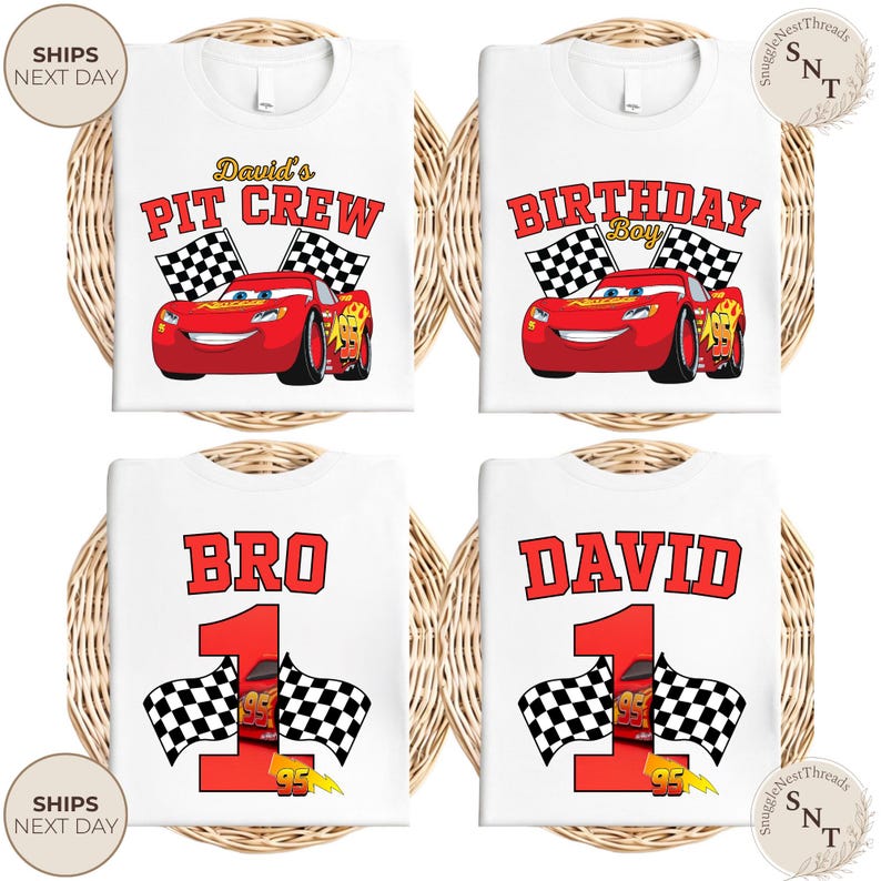May include: White t-shirts with red text and graphics. One shirt says "David's PIT CREW" with a red race car and checkered flags. Another says "BIRTHDAY Boy". The other two shirts say "BRO 1" and "DAVID 1".
