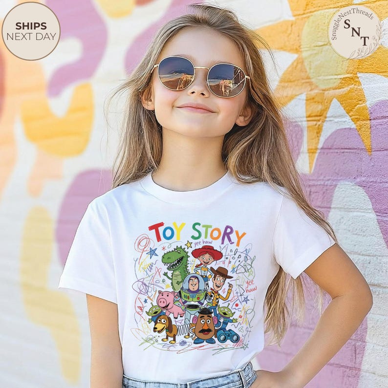 May include: White t-shirt featuring a colorful "Toy Story" graphic with various characters and the text "Toy Story" in rainbow colors. The design includes Woody, Buzz Lightyear, and other characters from the movie.