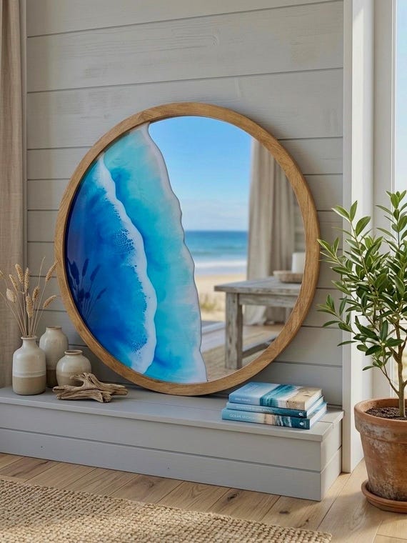 Resin Ocean Wall Mirror | Coastal Beach Decor Mirror | Luxury Statement Mirror | Blue Wave Epoxy Resin Art | Modern Entryway Mirror