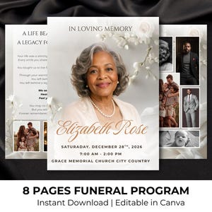 May include: A funeral program template with a portrait of an older woman, Elizabeth Rose, and the text "In Loving Memory." The program includes family photos and event details. The bottom of the program reads "8 Pages Funeral Program" and "Instant Download | Editable in Canva."