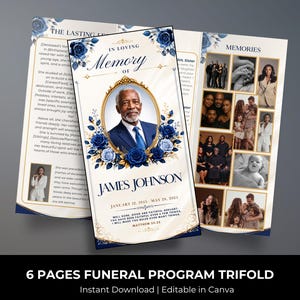 May include: A six-page funeral program trifold featuring a portrait of James Johnson in a gold oval frame, surrounded by blue roses. The design includes the text In Loving Memory of James Johnson, dates, and a collage of photographs.