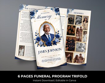 blue roses Trifold Funeral Program Template: 6-Page Memorial (Canva, Digital Download)