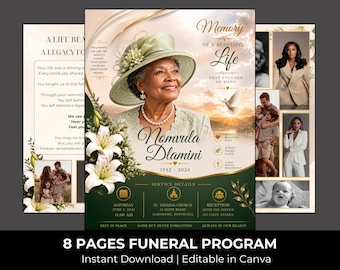 Green & Gold Funeral Program Template: 8-Page Memorial (Canva, Digital Download)
