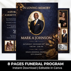 May include: A funeral program with a navy blue background and gold accents. The program features a portrait of a man in a suit, the text "In Loving Memory," and the name "Mark A Johnson." Additional photos and text are included.