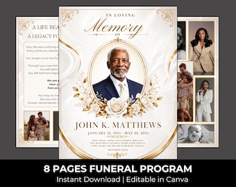 White & Gold Funeral Program Template: 8-Page Memorial (Canva, Digital Download)