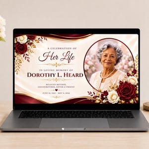 Może przedstawiać: Ekran laptopa wyświetlający szablon programu pogrzebowego w kolorach kremowym i bordowym. Tekst brzmi A CELEBRATION OF Her Life IN LOVING MEMORY OF DOROTHY L. HEARD BELOVED MOTHER, GRANDMOTHER, SISTER & FRIEND JUNE 12, 1943 - MAY 2, 2026.