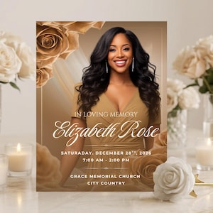 Könnte beinhalten: Eine Gedenkkarte mit einem Porträt einer Frau in einem goldenen Kleid, mit dem Text "In Loving Memory Elizabeth Rose". Die Karte ist mit goldenen Rosen verziert und enthält Datum, Uhrzeit und Ort der Trauerfeier.