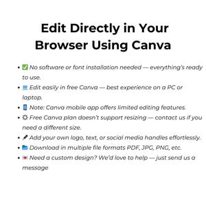 May include: White graphic with the text "Edit Directly in Your Browser Using Canva". The text is accompanied by bullet points describing Canva's features, including ease of use, mobile app limitations, and file format options.