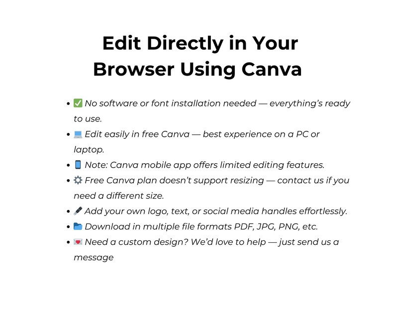 May include: White graphic with the text "Edit Directly in Your Browser Using Canva". The text is accompanied by bullet points describing Canva's features, including ease of use, mobile app limitations, and file format options.